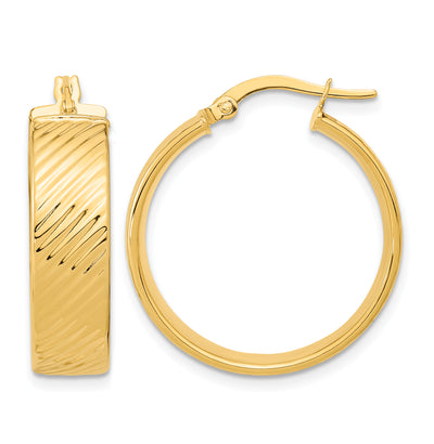 14K Polished Textured Hinged Hoop Earrings, 26.5 x 8mm