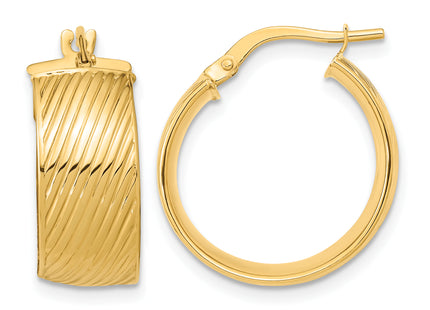 14k Polished Textured Hinged Hoop Earrings, 20.5 x 8mm