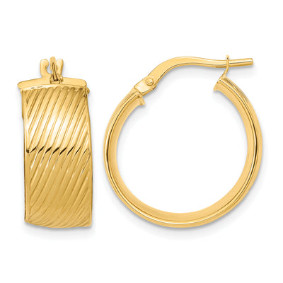 14K Polished Textured Hinged Hoop Earrings, 20.5 x 8mm