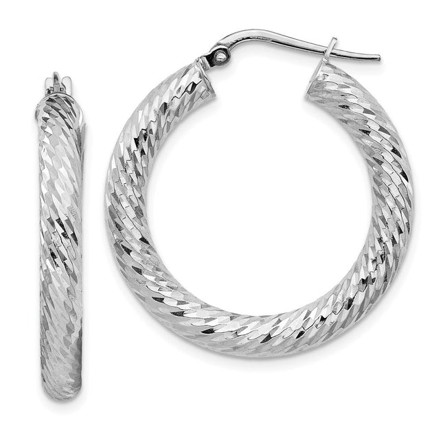 14k White Gold Diamond-cut Round Hoop Earrings, 30 x 4mm