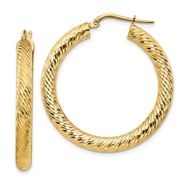 14k Diamond-cut Round Hoop Earrings, 35 x 4mm (1335)
