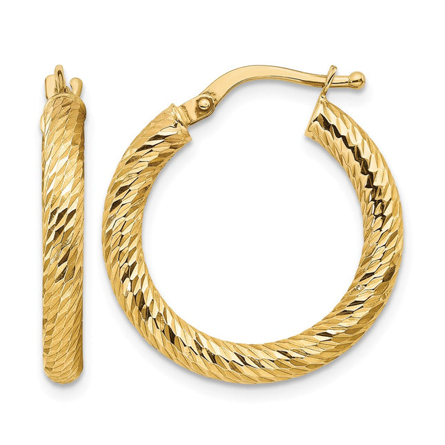 14k Polished Diamond-cut Round Hoop Earrings, 22 x 3mm