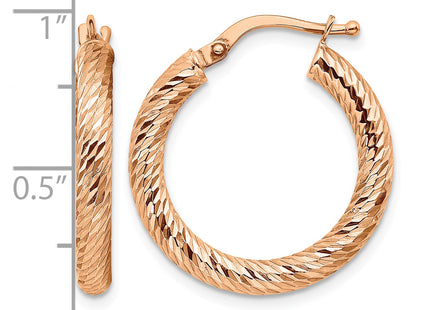 14k Polished Rose Gold Diamond-cut Round Hoop Earrings