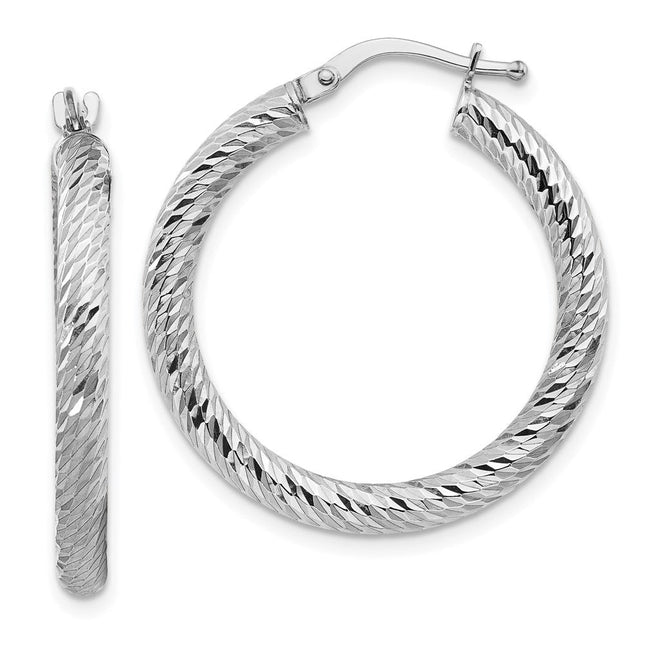14k White Gold Diamond-cut Round Hoop Earrings, 27 x 3mm