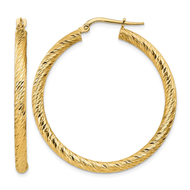14k Polished Diamond-cut Round Hoop Earrings, 35 x 3mm