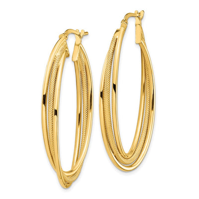14K Polished and Textured Twisted Fancy Oval Hoop Earrings