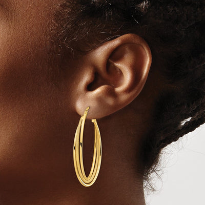 14K Polished and Textured Twisted Fancy Oval Hoop Earrings