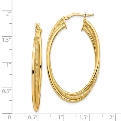 14K Polished and Textured Twisted Fancy Oval Hoop Earrings