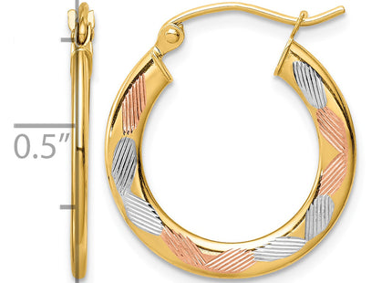 14K w/White and Rose Rhodium Diamond Cut Hoop Earrings, 20.5 x 1.3mm