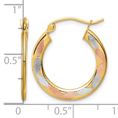 14K w/White and Rose Rhodium Diamond Cut Hoop Earrings, 20.5 x 1.3mm