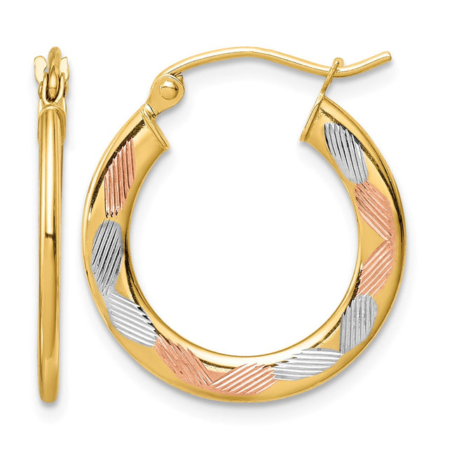 14K w/White and Rose Rhodium Diamond Cut Hoop Earrings, 20.5 x 1.3mm