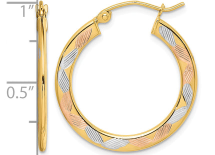 14K w/White and Rose Rhodium Diamond Cut Hoop Earrings, 22 x 1.3mm