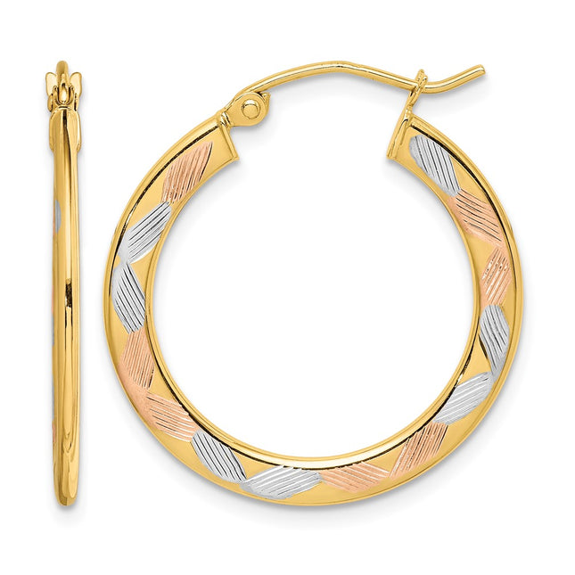 14K w/White and Rose Rhodium Diamond Cut Hoop Earrings, 22 x 1.3mm