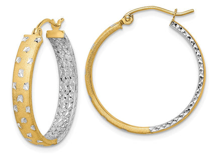 14k w/White Rhodium Polished Satin Diamond-cut In/Out Hoop Earrings (Style TF1576)