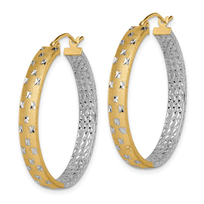 14K w/White Rhodium Polished Satin Diamond-cut In/Out Hoop Earrings, 30 x 4mm