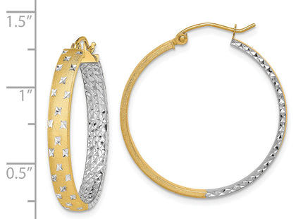 14k w/White Rhodium Polished Satin Diamond-cut In/Out Hoop Earrings, 30 x 4mm
