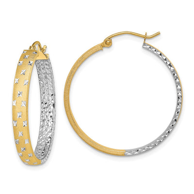 14K w/White Rhodium Polished Satin Diamond-cut In/Out Hoop Earrings, 30 x 4mm
