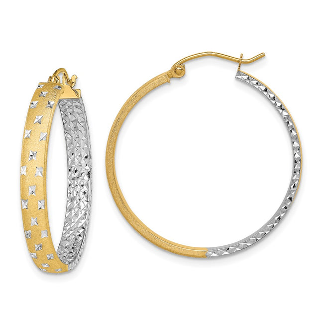 14k w/White Rhodium Polished Satin Diamond-cut In/Out Hoop Earrings, 30 x 4mm