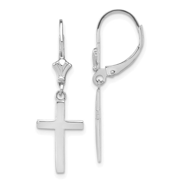 14k White Gold Polished Cross Leverback Earrings, 33.22 x 10.5mm