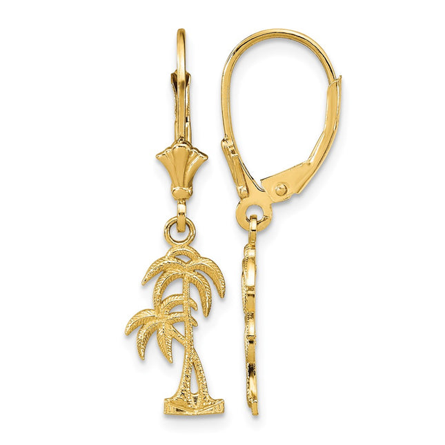 14K Palm Tree Leverback Earrings, 35.25 x 12.6mm