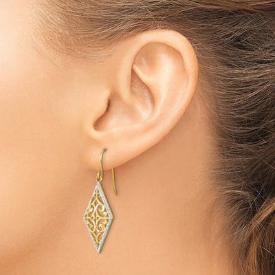 14K w/Rhodium Diamond Shape Filigree Dangle Earrings