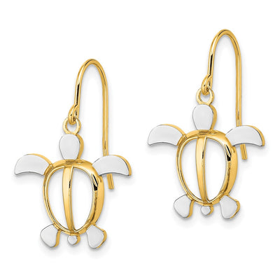 14K W/ Rhodium Sea Turtle Dangle Earrings, 25.8 x 16.7mm