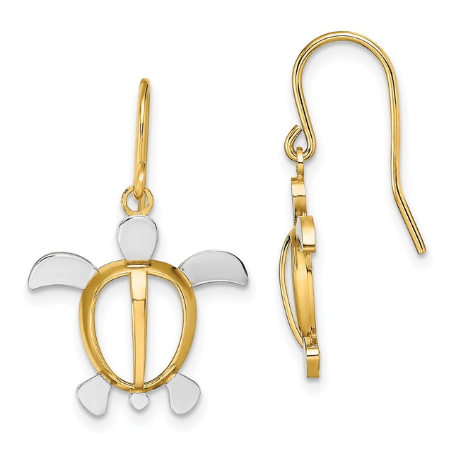 14K W/ Rhodium Sea Turtle Dangle Earrings, 25.8 x 16.7mm