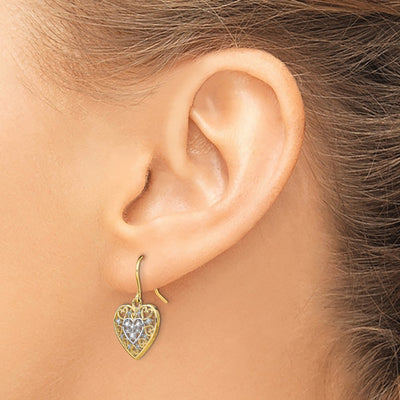 14K w/Rhodium Polished Filigree Hearts Shepherd Hook Earrings