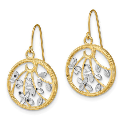 14K w/Rhodium D/C Leaves Round Dangle Earrings