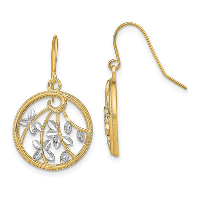 14K w/Rhodium D/C Leaves Round Dangle Earrings