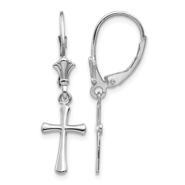 14k White Gold Polished Cross Leverback Earrings, 30.25 x 8mm