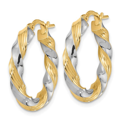 14K w/White Rhodium Polished Twisted Hoop Earrings, 25 x 3.7mm