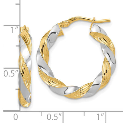14K w/White Rhodium Polished Twisted Hoop Earrings, 25 x 3.7mm