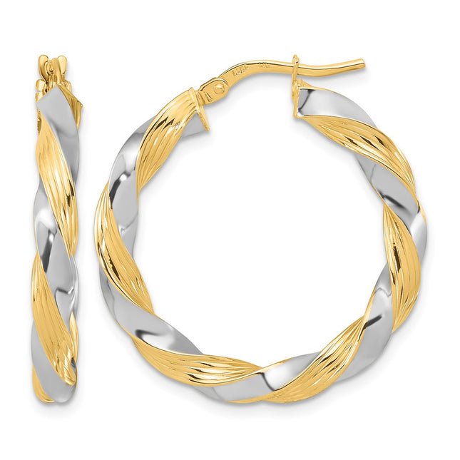 14k w/White Rhodium Polished Twisted Hoop Earrings, 30 x 3.7mm