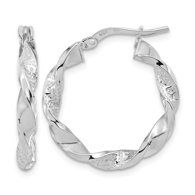 14k White Gold Polished and Textured Twisted Hoop Earrings, 23 x 3mm