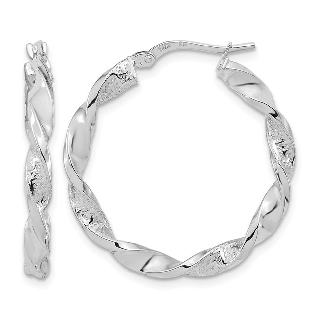 14k White Gold Polished and Textured Twisted Hoop Earrings, 28.5 x 3mm