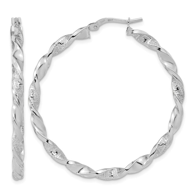 14k White Gold Polished and Textured Twisted Hoop Earrings, 44 x 3mm