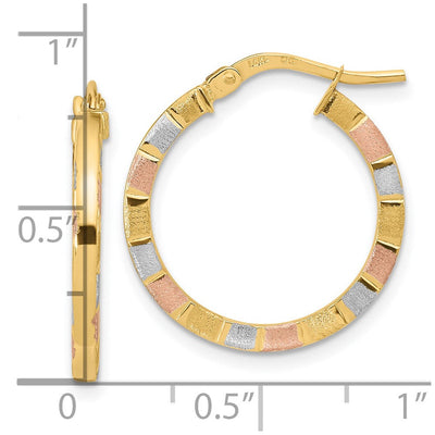 14K w/White & Rose Rhodium Polished & Satin Hoop Earrings, 22 x 2mm