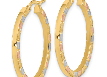 14k w/White & Rose Rhodium Polished & Satin Hoop Earrings, 27 x 2mm
