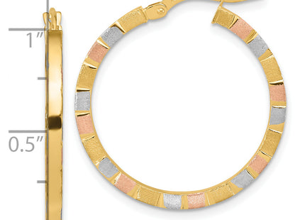 14k w/White & Rose Rhodium Polished & Satin Hoop Earrings, 27 x 2mm