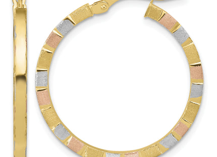 14k w/White & Rose Rhodium Polished & Satin Hoop Earrings, 27 x 2mm