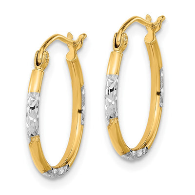 14K w/ White Rhodium Diamond-cut Hoop Earrings, 16 x 3mm
