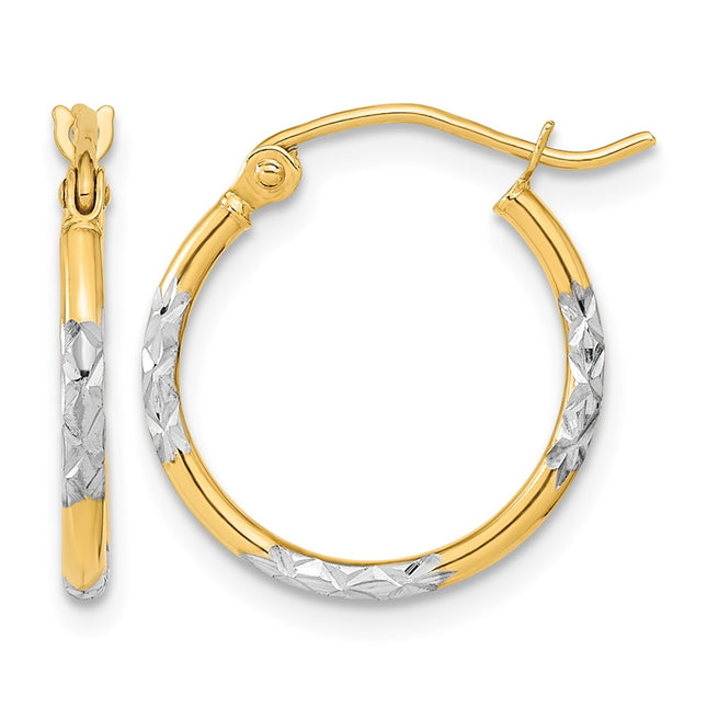 14k w/ White Rhodium Diamond-cut Hoop Earrings, 16 x 3mm