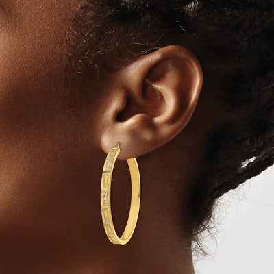 14K Polished and Satin Greek Pattern Hoop Earrings