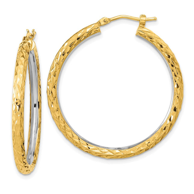 14k White Rhodium Polished Diamond-cut Circle Hoop Earrings, 35.5 x 3mm