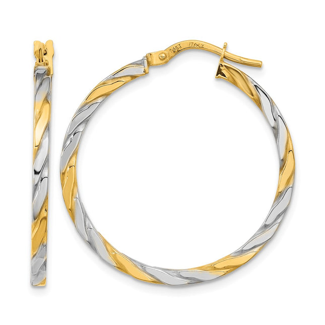 14K & White Rhodium Polished & Twist Hoop Earrings, 30.5 x 2mm
