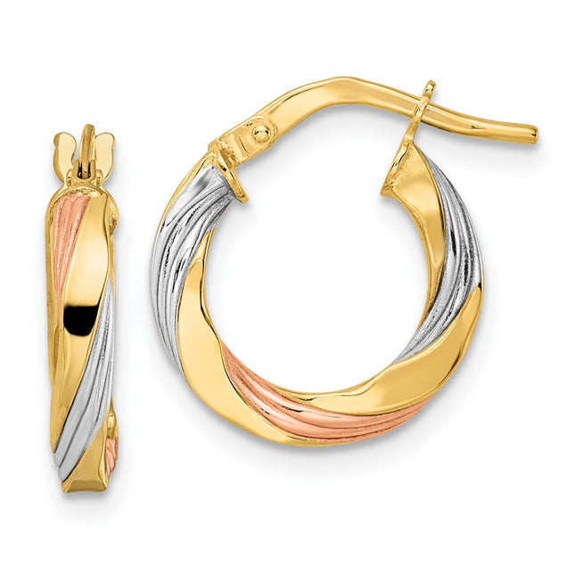 14K W/Rose & White Rhodium Polished Twisted Hoop Earrings, 16.5 x 2.5mm