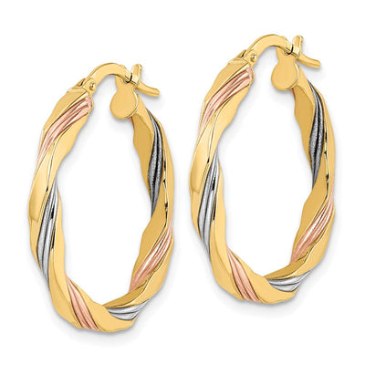 14K W/Rose & White Rhodium Polished Twisted Hoop Earrings, 26.25 x 2.65mm