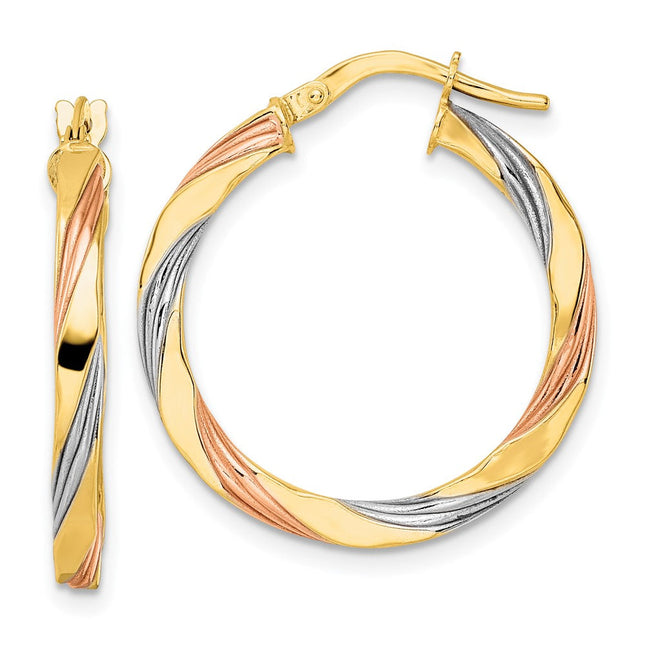 14K W/Rose & White Rhodium Polished Twisted Hoop Earrings, 26.25 x 2.65mm