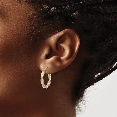 14K & White Rhodium Polished & Twist Hoop Earrings, 22.25 x 3.1mm